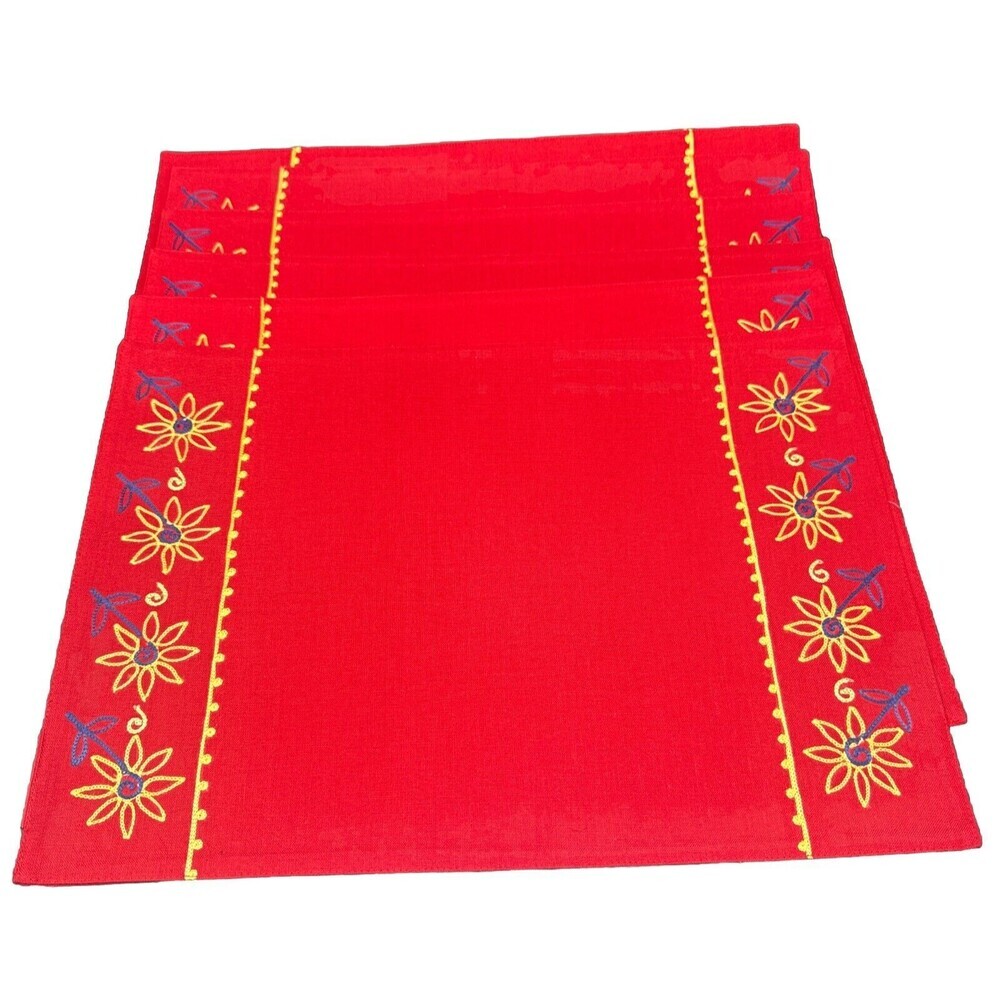 VTG Gloria Vanderbilt‎ Red Rectangle Yellow & Blue Floral Cloth Placemats- 6